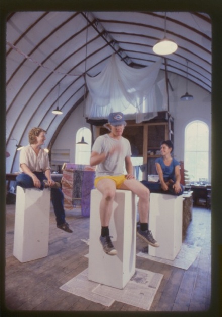 1981, Barn Loft as Artists’ Studio and Community Center. On pedestals, left to right, Lisa Stone, Farmer John, Isa Jacoby